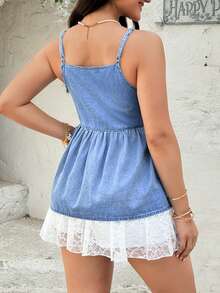 Rivivi 女士时尚前系带吊带牛仔上衣，夏季 - 淺色水洗藍 - 查看 2