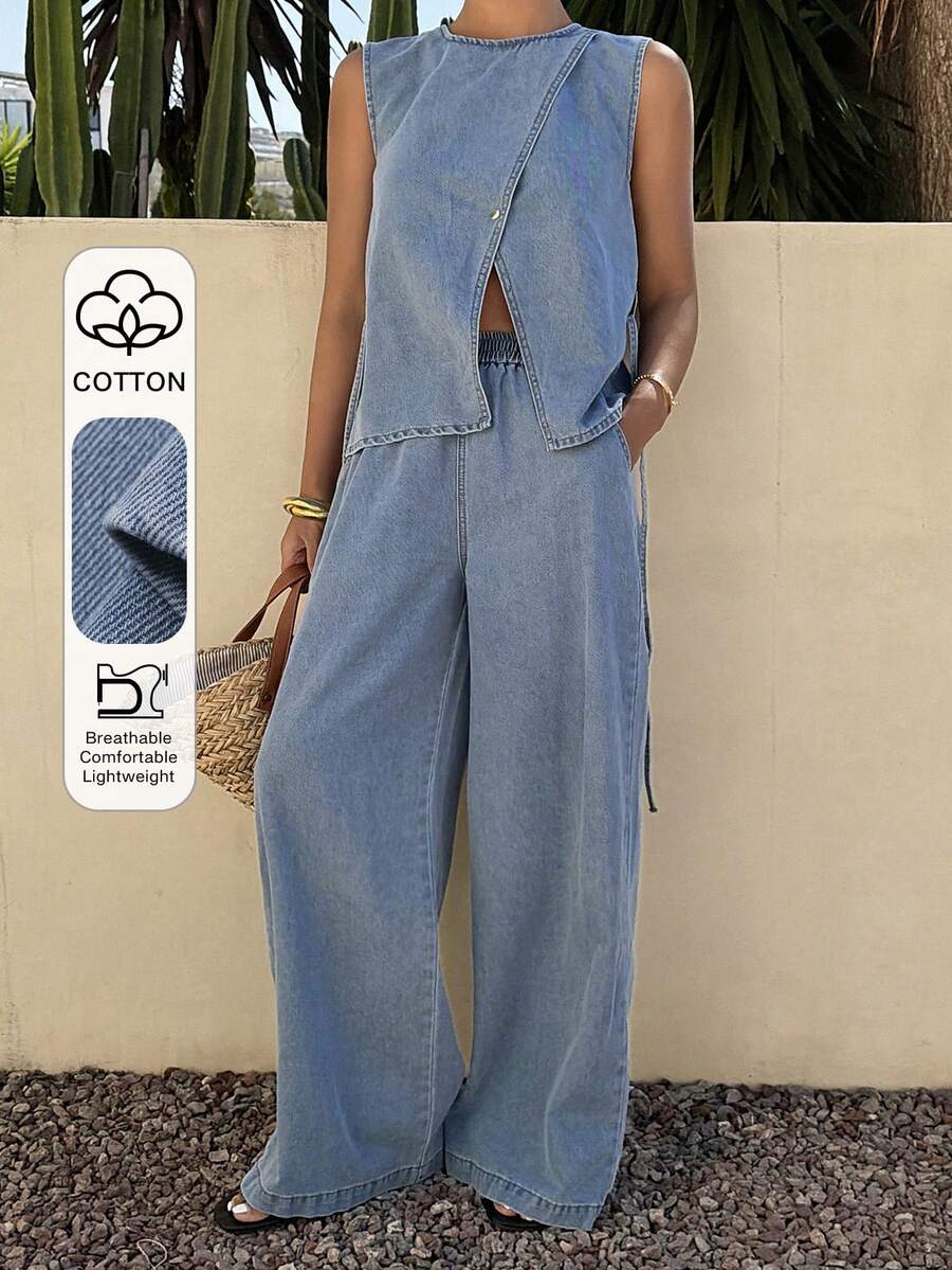 DAZY 女士休闲开衩腰带吊带背心和阔腿牛仔裤两件套，春夏款 - 中等水洗藍 - 查看 1