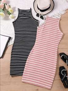 SHEIN Sparklyn Tween Girls' Casual Striped Camisole Dress Set - Multicolor - View 2