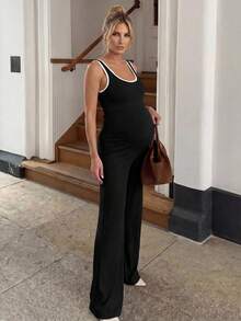 SHEIN MaterniWear Pregnant Women's Summer Casual Commuting Contrast Binding Wide Leg Jumpsuit Without Belt - Black and White - View 1