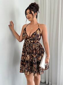 Elenzga Plus Size Women's Elegant V-Neck Halter Sexy Waist A-Line Bohemian Totem Print Dress, Spring/Summer - Multicolor - View 3