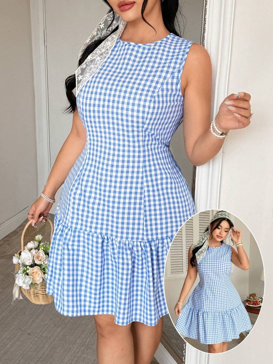 Celure Plus Size Sleeveless Plaid Patchwork Ruffle Hem Short Dress - Blue and White - View 1