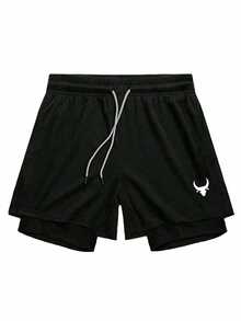 Manfinity Sport Corelite Men's Bull Print Raglan Short Sleeve T-Shirt And Drawstring Waist Shorts Sports Suit Running Outfit For Men Gym Short Sets Running Set Gym Outfit For Men Two-Piece Set - Black - View 3