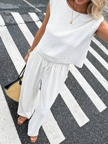 Serisse Bộ đồ thể thao nữ đi nghỉ mát, màu trơn gồm áo tank top và quần dài (2 món) - trắng - Xem 3