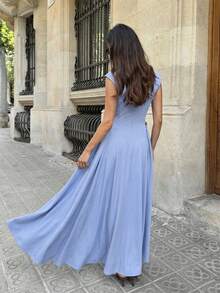 Aloruh Women's Dress, Blue Maillard Color Tone, Fashionable Elegant Modern Boat Neck Cap Sleeve Umbrella Dress,Summer Dresses For Women - Baby Blue - View 2
