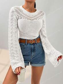 RueChic Women Solid Color Hollow Out Detailed Round Neck Pullover - White - View 1