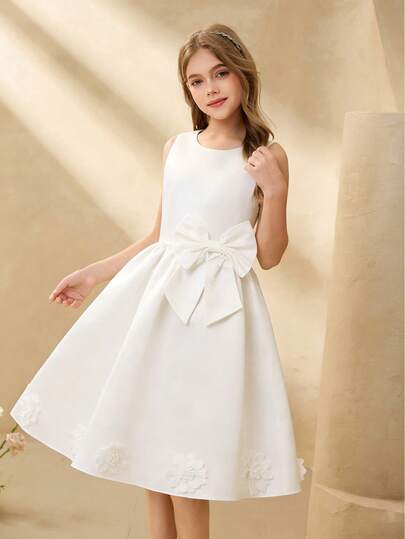 Tween Girl Elegant White Round Neck Sleeveless Fitted Dress With 3D Floral Bow, Suitable For Evening Party, Christmas, Halloween, Wedding, Prom, Graduation, Back To School And Other Occasions