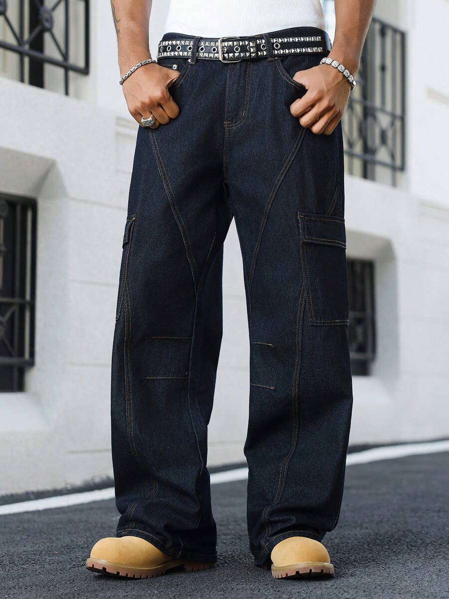 Manfinity EMRG Spring & Summer Casual Street Washed Blue Straight Loose Wide Leg Cargo Jeans With Big Pockets - Blue - View 1