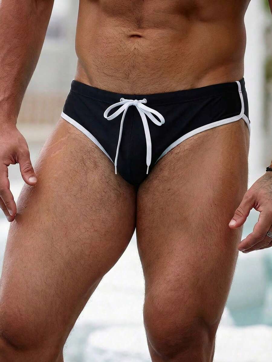 Manfinity Swimmode 男士黑白撞色滚边三角泳裤 - 黑色 - 查看 1