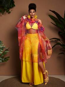 Maweii Blusa Transparente com Estampa de Tingimento por Amarração, Babado Assimétrico no Ombro, Plus Size - Multicolorido - Visão 2