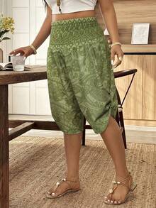 Weeklong Pantalones estampados con diseño de hebilla de cintura suelta para vacaciones, talla grande, primavera/verano - Verde - Ver 5
