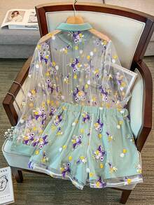 GlowEve CURVE 大尺碼女款綠色兩件套，刺繡立領開襟衫，透視面料夏季熱帶茶會度假優雅高端度假穿搭 - 彩色 - 查看 2