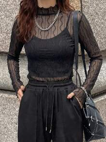 FRIFUL Women's Fashionable Sexy Stand Collar Mesh Fitted Blouse - Black - View 4