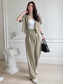 Women Two Pieces Short Sleeve Suit Jacket And Suit Pants Casual Loose Commute Set Business Attire - Green - View 3