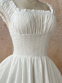 Elamini 春夏休闲度假方领收腰棉质白色连衣裙（女款） - 白色 - 查看 4