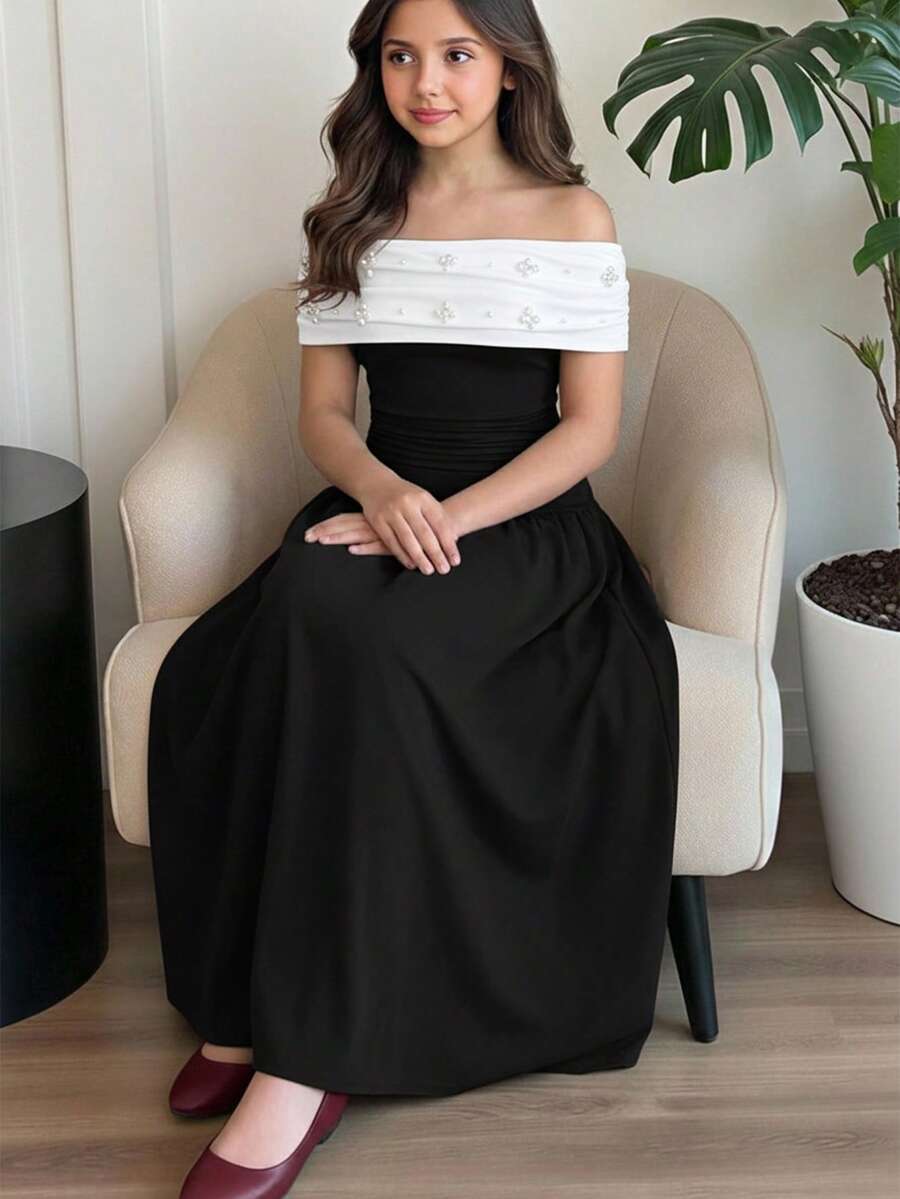 SHEIN 少女酒红色优雅复古串珠露肩褶皱长款针织连衣裙，适合返校、派对、生日、舞会、情人节、节日派对等场合。 - 黑與白 - 查看 1