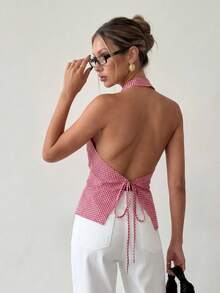 Ritzy Row 女士复古格子细肩带露背吊带背心，浪漫度假风，春夏款 - 彩色 - 查看 4