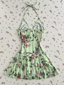 Elamini 女士波西米亚风V领碎花收腰连衣裙 - 綠色 - 查看 2