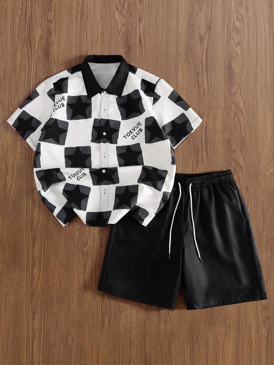 TOKVUE 男士休闲像素印花黑白短袖衬衫套装 - 紅白色 - 查看 1
