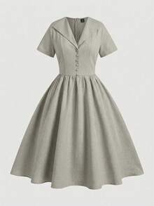 Sweetra Plus Size Women Solid Color Short Sleeve Button Design Dress - Beige - View 1