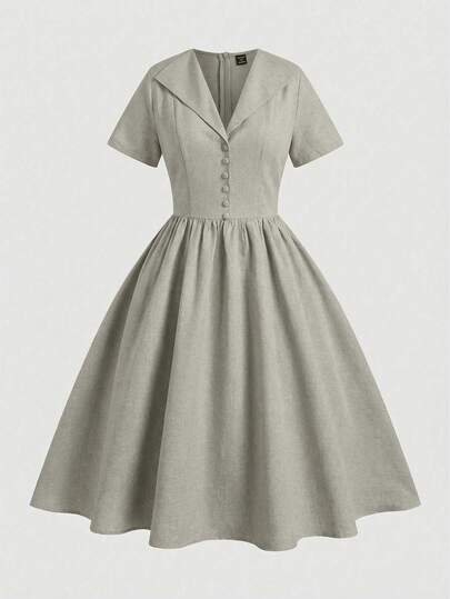 Sweetra 大码女式纯色短袖纽扣设计连衣裙