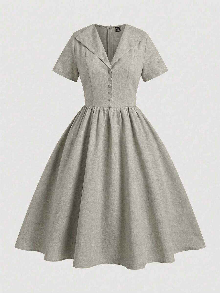Sweetra Plus Size Women Solid Color Short Sleeve Button Design Dress - Beige - View 1