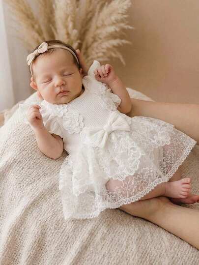 2 Pieces Newborn Outfits Mesh Lace Patchwork Ruffle Bodysuit Dress And Headband Cute Fashion Summer Clothes Cristening Outfit For Baby Girl Christening Outfits Newborn Dresses Newborn Baby Girl Clothes Photoshoot Outfit For Baby Christening Outfit For Baby Girl