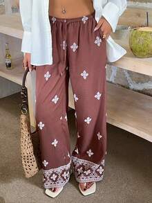 SHEIN EZwear Quần dài nữ màu cà phê kiểu Bohemian, in hoa, dệt kim, có dây rút ở eo. - Cà phê nâu - Xem 8
