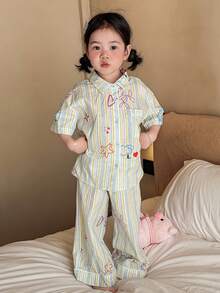 DAZY Young Girl Striped Short Sleeve Button-Up Pocket Top And Pants Loungewear Set - Multicolor - View 5
