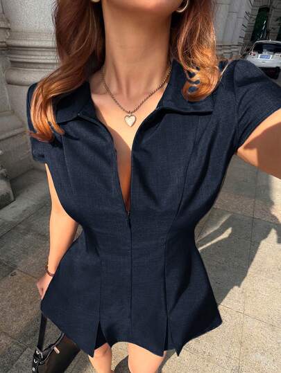 Ritzy Row Đầm ngắn tay xếp ly, thiết kế cổ ve mới, khóa kéo, tối giản, đơn giản, thoải mái, đa năng, thanh lịch, phù hợp cho công sở, dành cho quý cô.