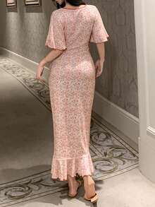 Dazy Tall Women's V-Neck Ruffle Sleeve Waist Cinched Elegant Long Dress Boho Sun Dresses For Women Vacation Outfits Women Summer, Tall Women - Red - View 2