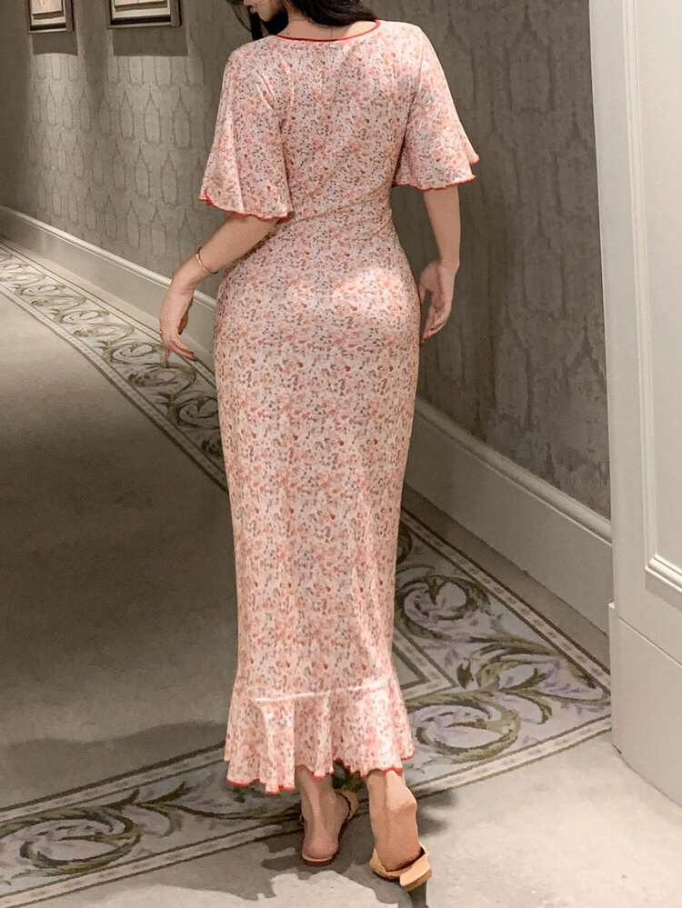 Women's V-Neck Ruffle Sleeve Waist Cinched Elegant Long Dress Boho