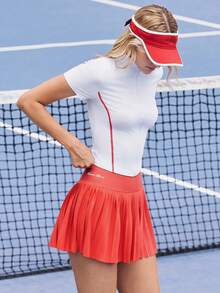 Gameset SHEIN Sport 女士修身立领拉链网球衫，户外运动短袖外套 - 紅白色 - 查看 5
