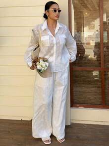 Dazy Plus 两件套优雅蕾丝宽松翻领长袖上衣和直筒长裤，大码女式休闲套装，春秋季，白色 - 白色 - 查看 5