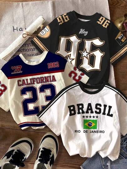 SHEIN 3pcs/Set Young Boy Casual Minimalist Y2K Style English Letter & Number 23 Print Sports Retro American Style Colorblock Loose Comfortable Short Sleeve Round Neck T-Shirts, Suitable For Spring And Summer