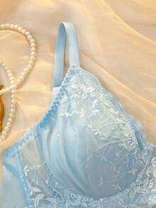 DelicateAllure Sujetador inalámbrico de encaje con parches de unicolor elegante para tallas grandes - Azul - Ver 5