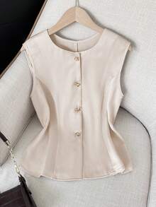 GlowEve Elegant & Fashionable Minimalist Metal Bow Button Round Neck Women Blouse, Spring/Summer - Beige - View 6