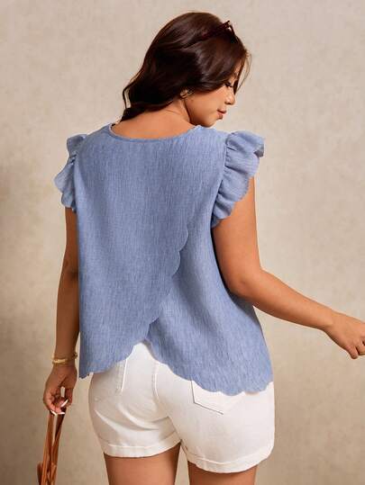 Elaquor Plus Size Solid Color Round Neck Cap Sleeve Ruffle Hem Casual Loose Blouse