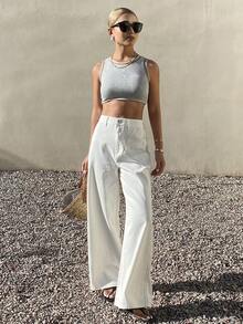 DAZY Women's Casual Solid White Pocket Washed Wide Leg Jeans, Spring/Summer - Beige - View 8