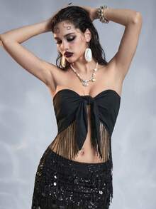 ROMWE Grunge Punk 性感亮片流苏抹胸上衣 - 黑色 - 查看 1