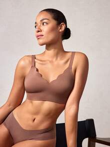 Veilyse 1pc Seamless Minimalist Wavy Edge Solid Color No Underwire Push Up Full Coverage Women Bra - Coffee Brown - View 3