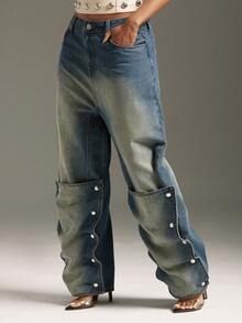 Denimoi Quần jeans ống rộng đáy thụng, có cúc cài, kiểu dáng thời trang, cá tính, phong cách đường phố. - Rửa trung bình - Xem 5