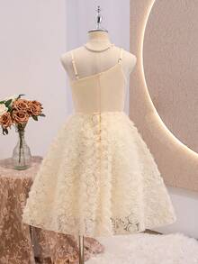 Tween Mädchen Luxuriöses elegantes champagnerfarbenes ärmelloses seidiges Blumenkleid mit Passform, geeignet für Abendpartys, Weihnachten, Halloween, Hochzeiten, Abschlussbälle, Abschluss und andere Anlässe - Champagnerfarben - Übersicht 2