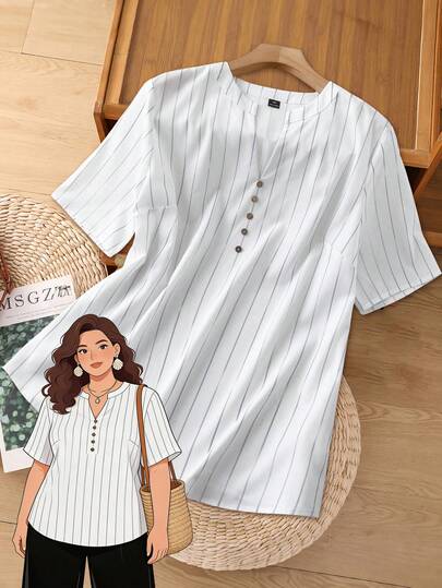 EMERY ROSE Camisa a cuadros negra y blanca con cuello en V y mangas raglán, favorecedora en tallas grandes