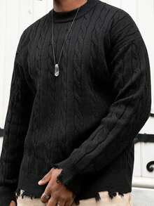 Heavens Edit ANDREILEE 男士宽松休闲街头风破洞流苏圆领长袖套头毛衣，春、秋、冬三季百搭针织衫 - 黑色 - 查看 5