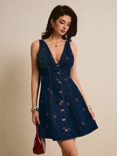 Poéselle Women's Deep V-Neck Cherry Embroidery Pattern Single-Breasted Casual Vacation Denim Dress