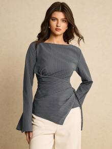 Poéselle Áo sơ mi dài tay nữ kẻ sọc xếp ly vạt bất đối xứng, kiểu dáng thường ngày, đa năng. - Xám - Xem 4