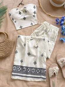 SHEIN WYWH Women's Vacation Colorblock Print Elegant Casual Elastic Fitted Pleated Blouse And Wide Leg Pants Set, Strapless Top And Pants Suit, Women's Summer Outfit, Women's 2-Piece Set, Vacation Wear, Women's Vacation 2-Piece, Bohemian Style Women's Clothing, Floral Pattern - Multicolor - View 1
