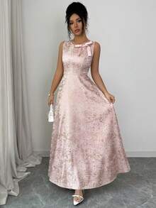 GlowEve Spring & Summer Round Neck Sleeveless Pink Textured Gold Thread Embroidered Jacquard Waist Gathered A-Line Romantic Date Wedding Party Cocktail Vacation French Elegant Women Long Dress Elegant Dress For Women Spring Elegant Dresses Pink Elegant Dress Rose Gold Elegant Dress Long Elegant Dress - Pink - View 3