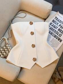 Franclia Women's Elegant Floral Button Decor Camisole Top, Summer - White - View 1